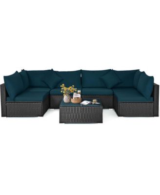 7PCS Patio Rattan Sofa Set Sectional Conversation Furniture Set Garden Outdoor Peacock