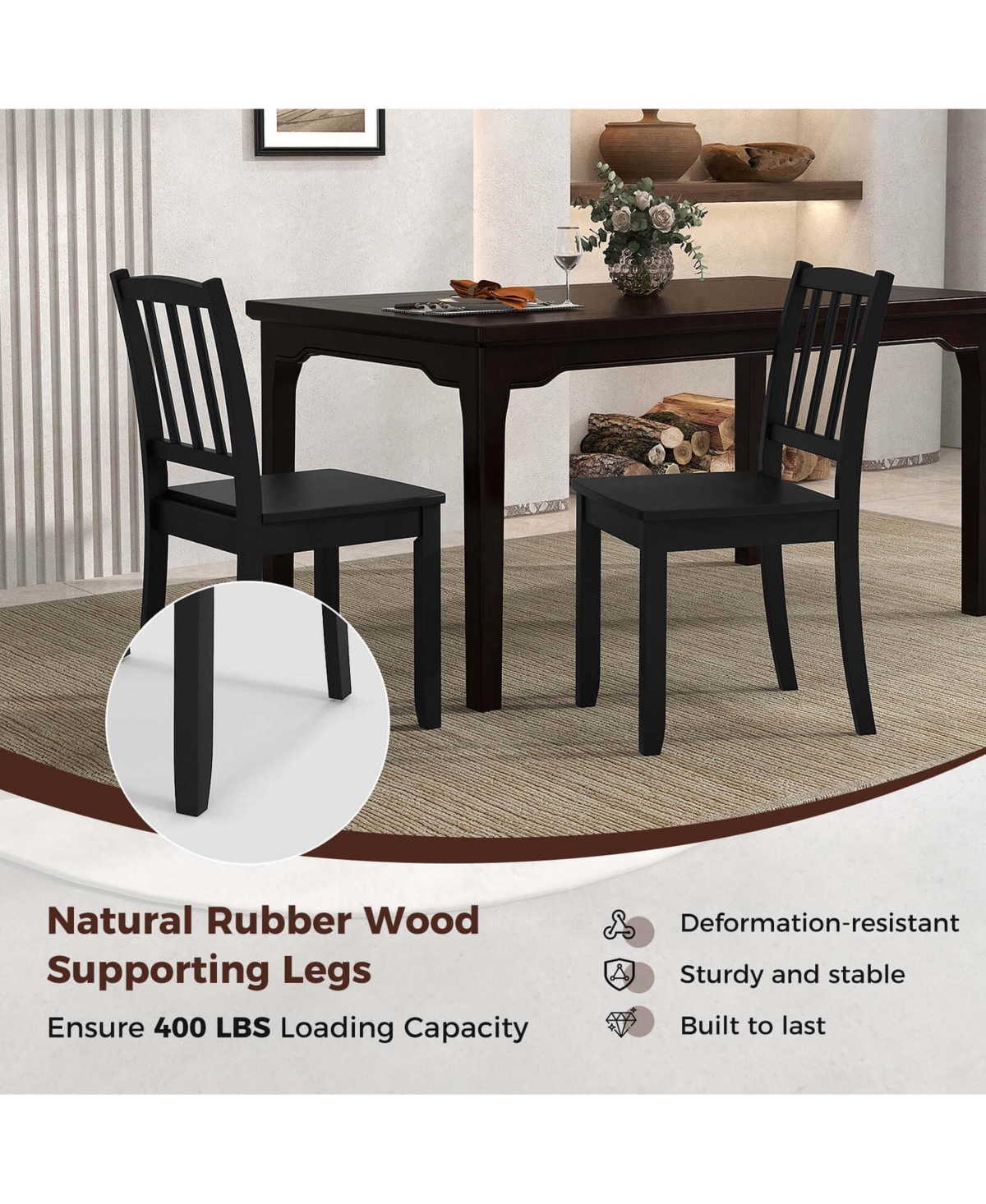 Costway Wood Dining Chair Set of 2 with Rubber Wood Legs Curved Backrest for Kitchen