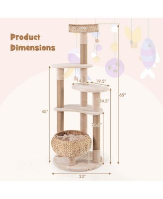 65" Cattail Cat Tower with Jute Scratching Posts Perch Basket Bed Dangling Balls