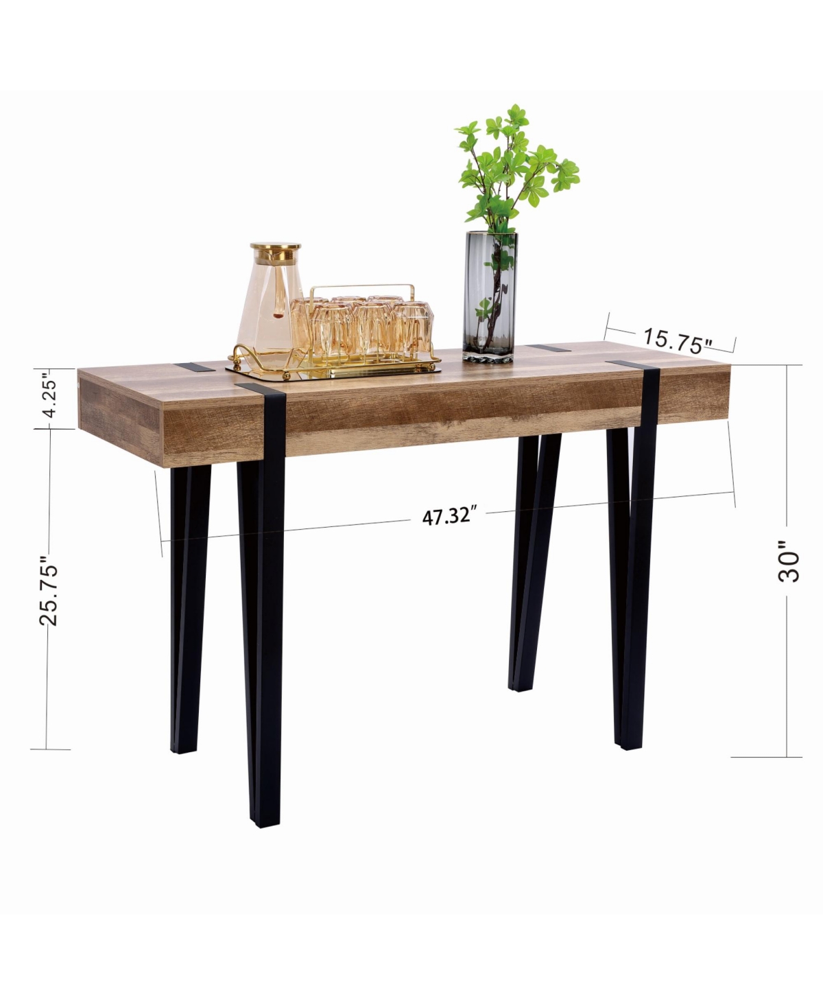 Luxenhome Oak Finish Mdf Wood Black Metal Console Entry Table In Brown