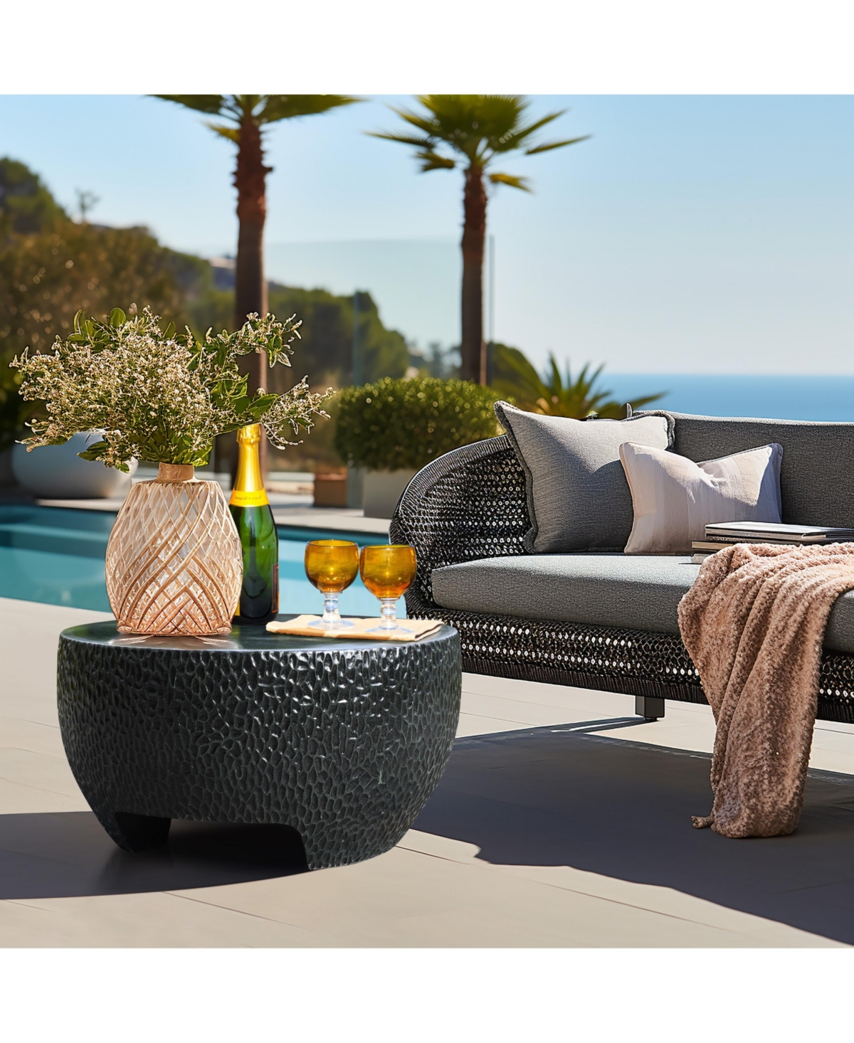 LuxenHome ModCement Round Outdoor Coffee Table - Black