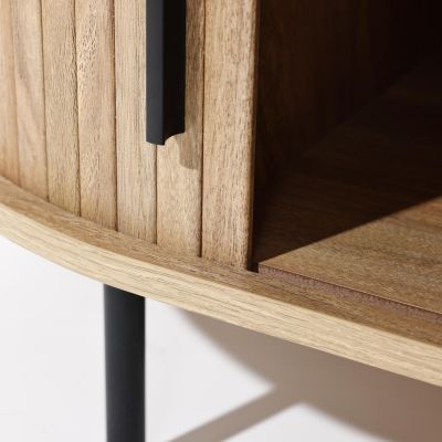 Standard Wood Slatted Sliding Doors Storage Mid-Century Modern Oval Coffee Table