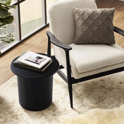 15'' Small Accent Table Compact Size Black Fluted Fir & MDF Wood Round Side Tables