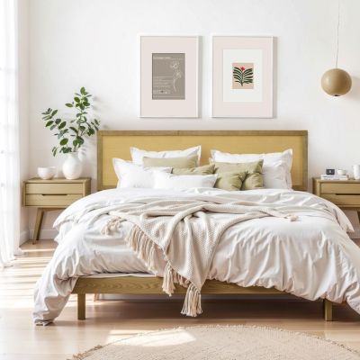 Natural Finish Rubberwood with Rattan Panel Headboard, Queen