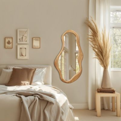 Natural Pine Wood Frame Irregular Oval Wall Mirror Decor Wall Mounted Accent Hanging Mirror