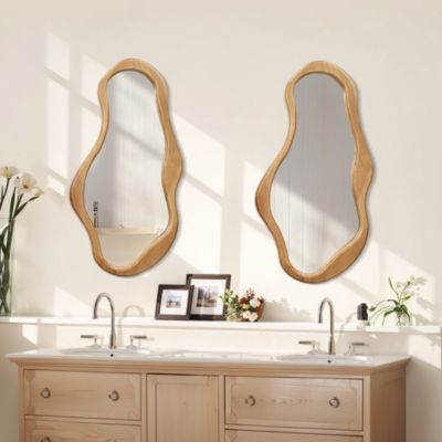 Natural Pine Wood Frame Irregular Oval Wall Mirror Decor Wall Mounted Accent Hanging Mirror