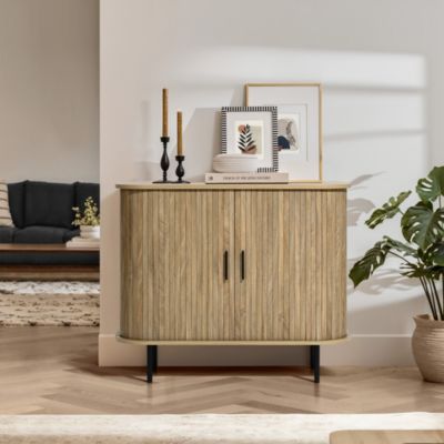 Mid-Century Modern 2-Door Accent Cabinet with Slatted Sliding Doors