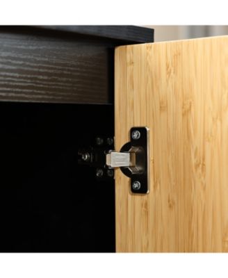 Mid Century Modern Boho 2-Door Black Bamboo Strips Accent Buffet Cabinet with Storage