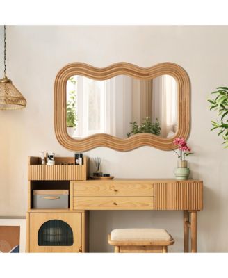 39-Inch Tall Rectangular Natural Cork Wood Wavy Frame Accent Wall Mirror