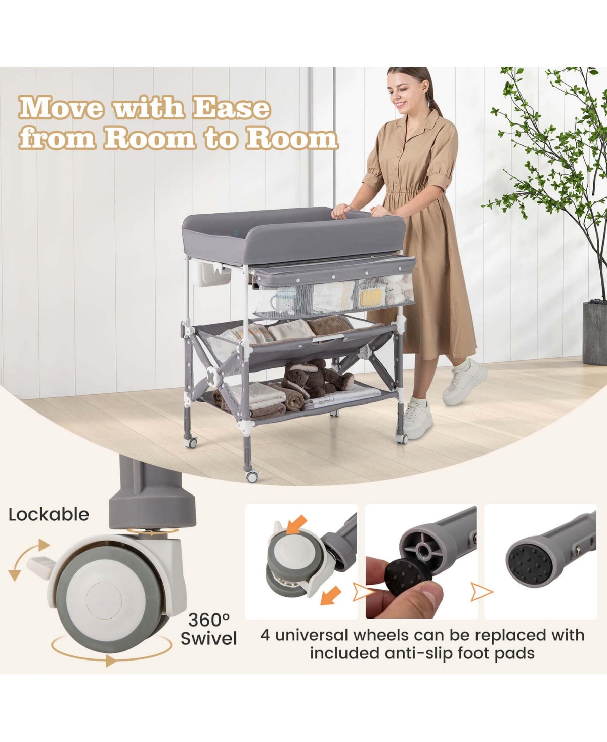 Costway Portable Baby Changing Table with Wheels Adjustable Height Storage Rack