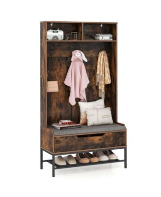 69" Tall Hall Tree with Seat Cushion Open Compartments Hooks Lift-top Storage