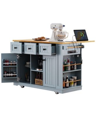 53" Drop Leaf, Power Outlet, Adjustable Shelves, Rolling Cart, Fridge-Inspired Racks Kitchen Island
