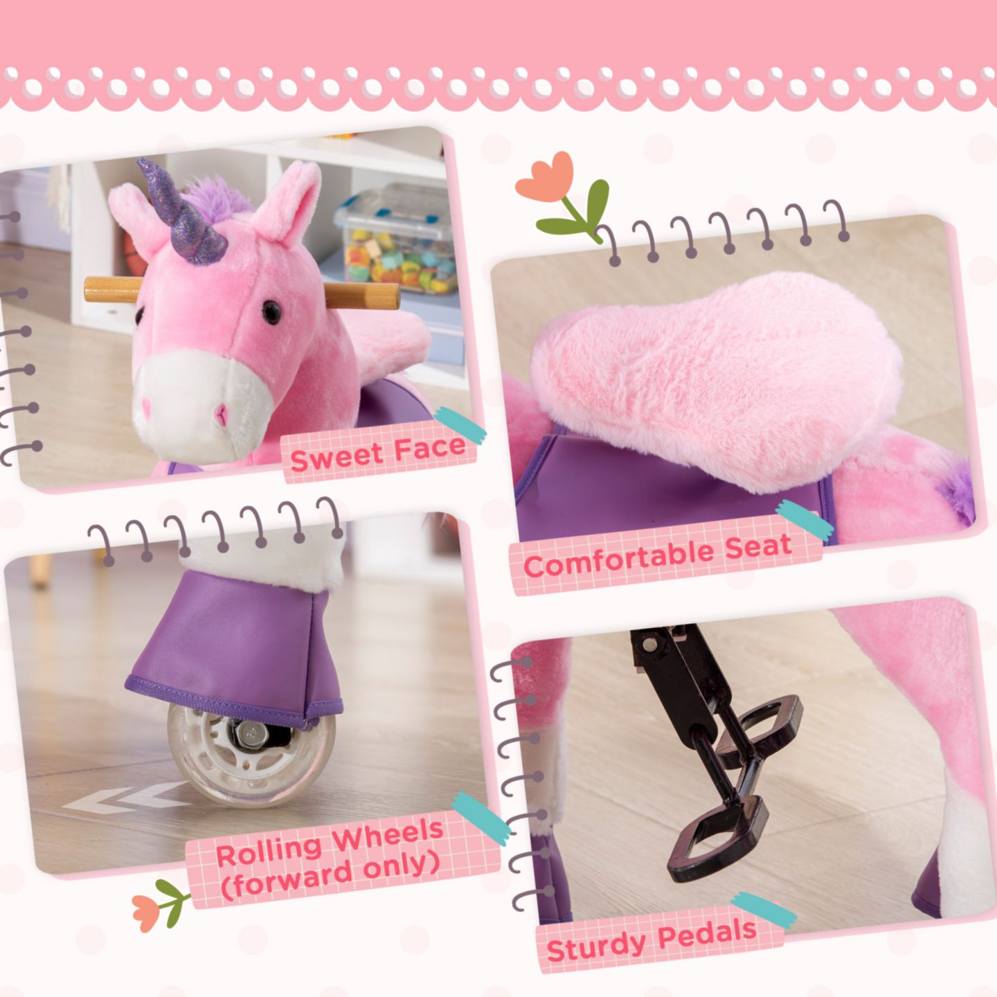 Детская мягкая игрушка Streamdale Furniture Soft Plush Unicorn Rocker with Sparkly Horn Ride-On, 176 lbs., Ages 3-6, цвет: Розовый — фото 4
