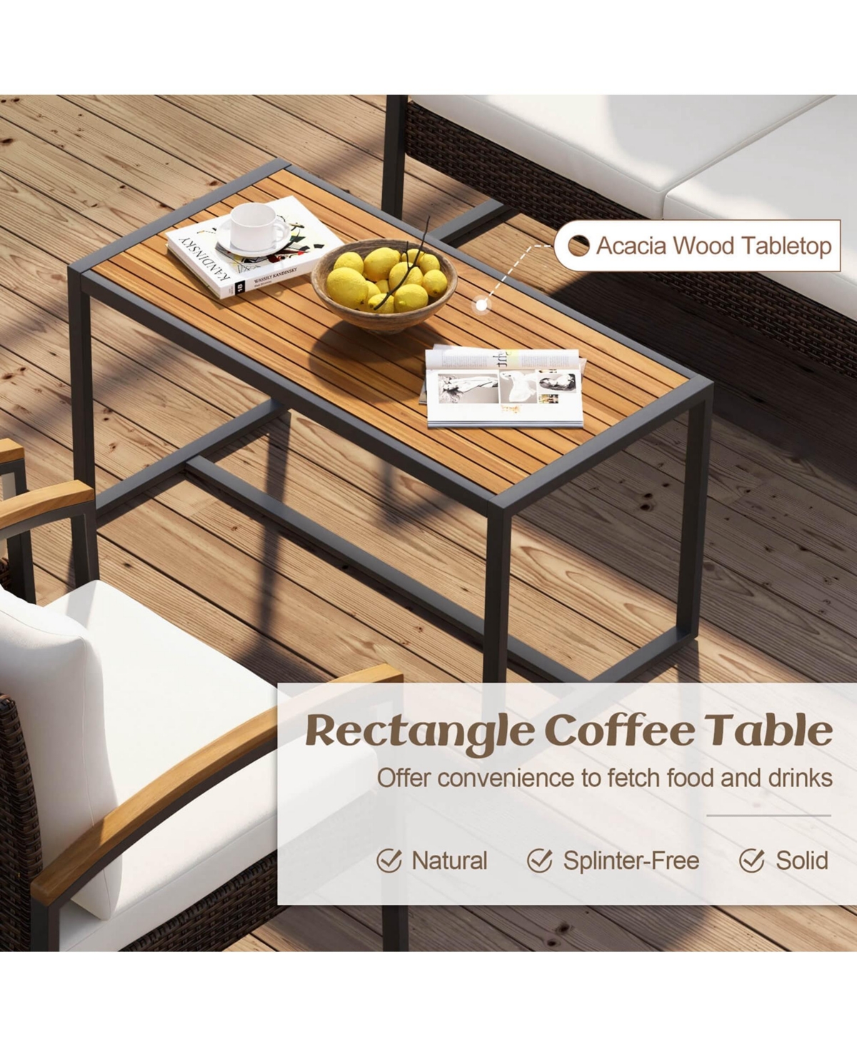 Costway 4 Pcs Patio Conversation Set with Coffee Table Solid Acacia Wood Armrests Tabletop