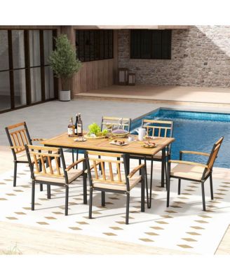 7 PCS Patio Dining Set with Acacia Wood Dining Table Rattan Armchairs Soft Cushions