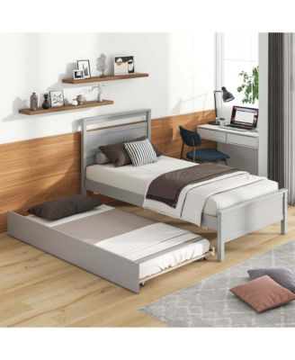 Twin Size Platform Bed with Trundle Pull-out Trundle Headboard & Footboard