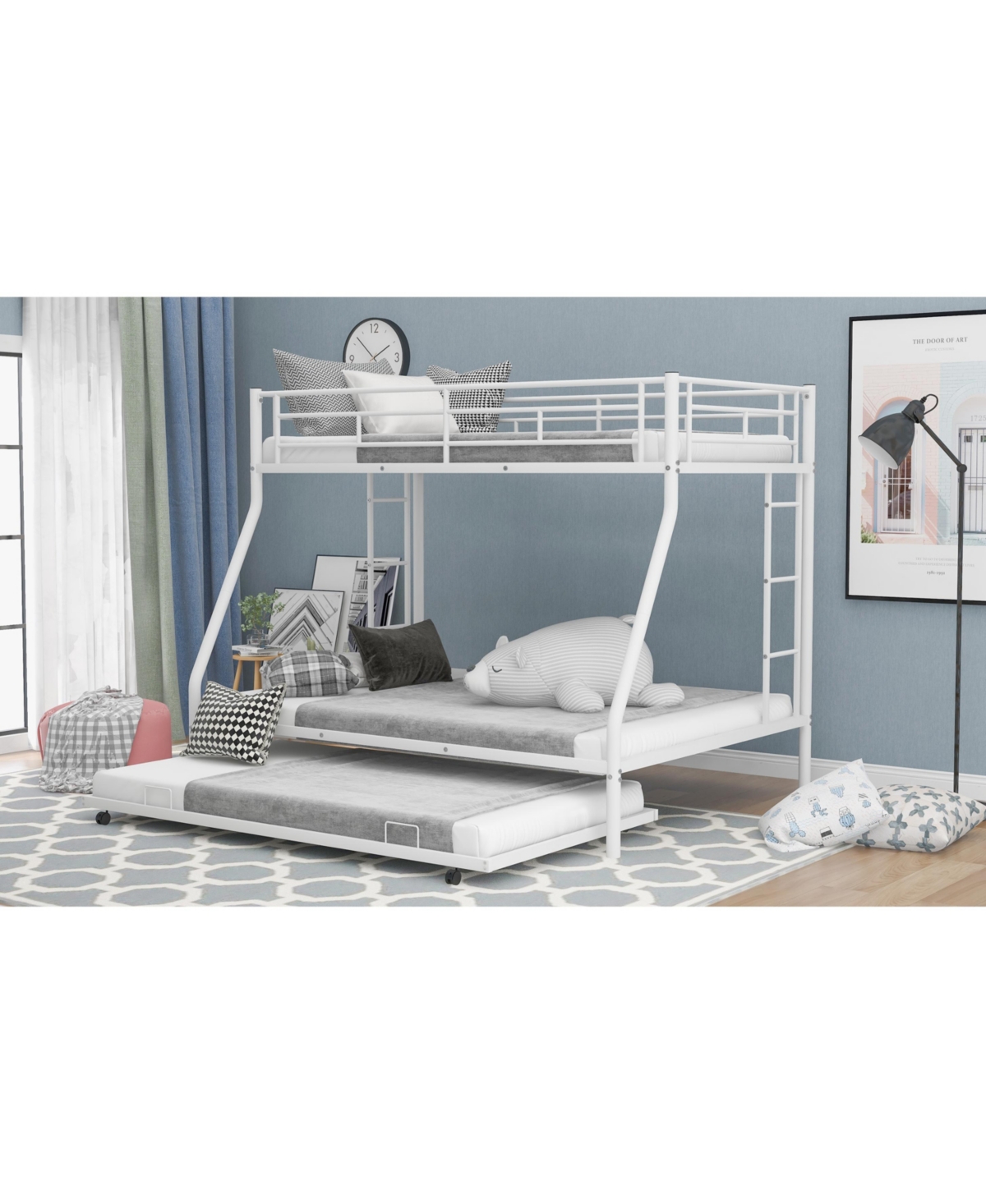 Slickblue Sturdy Twin over Full Bunk Bed with Twin Trundle and Two-Side Ladders for Space Saving Solutions