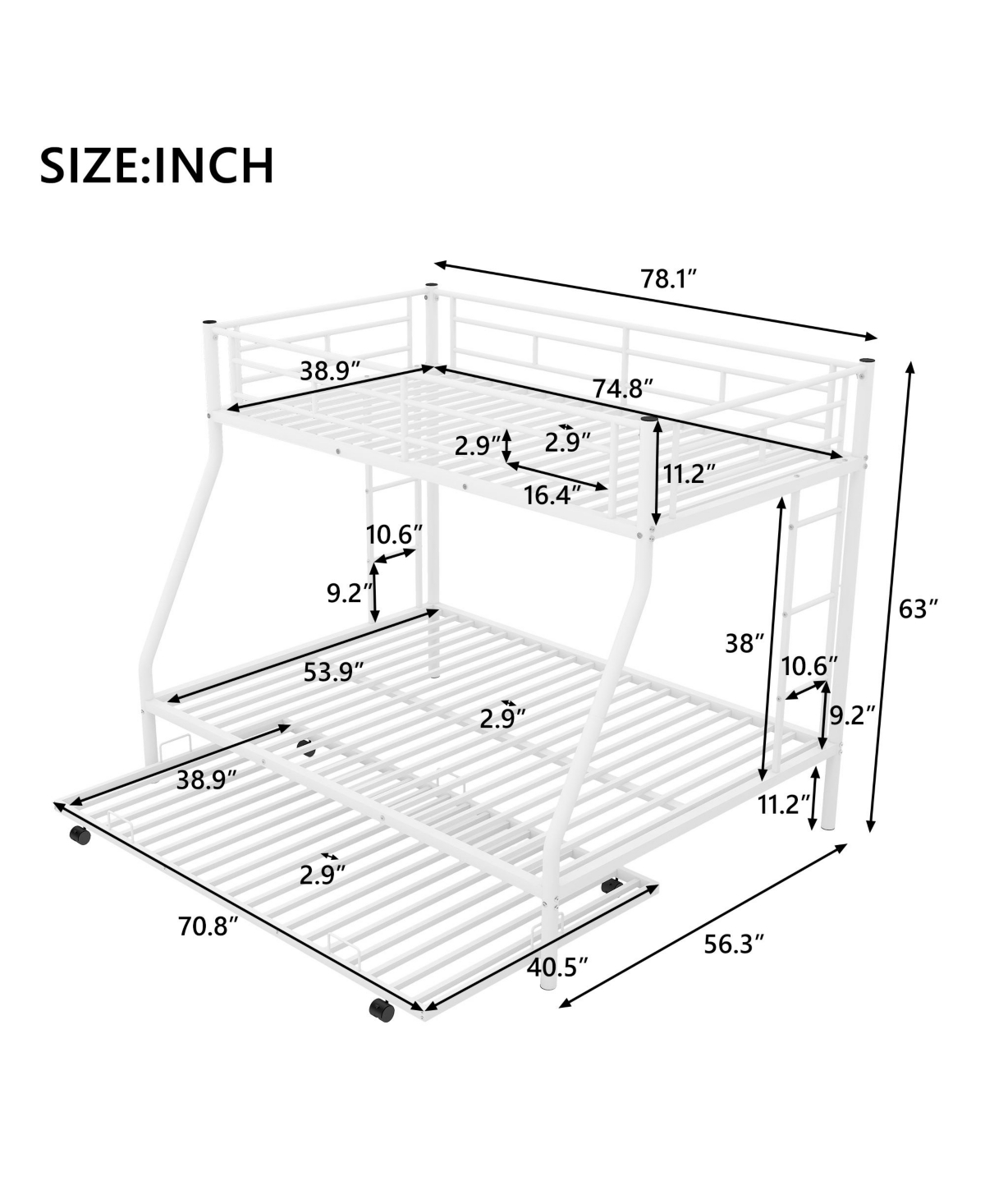Slickblue Sturdy Twin over Full Bunk Bed with Twin Trundle and Two-Side Ladders for Space Saving Solutions