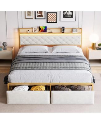 King Size Led Bed Frame with Headboard and 2 Storage Drawers, Upholstered Platform Bed with Charging Station, No Box Spring Needed