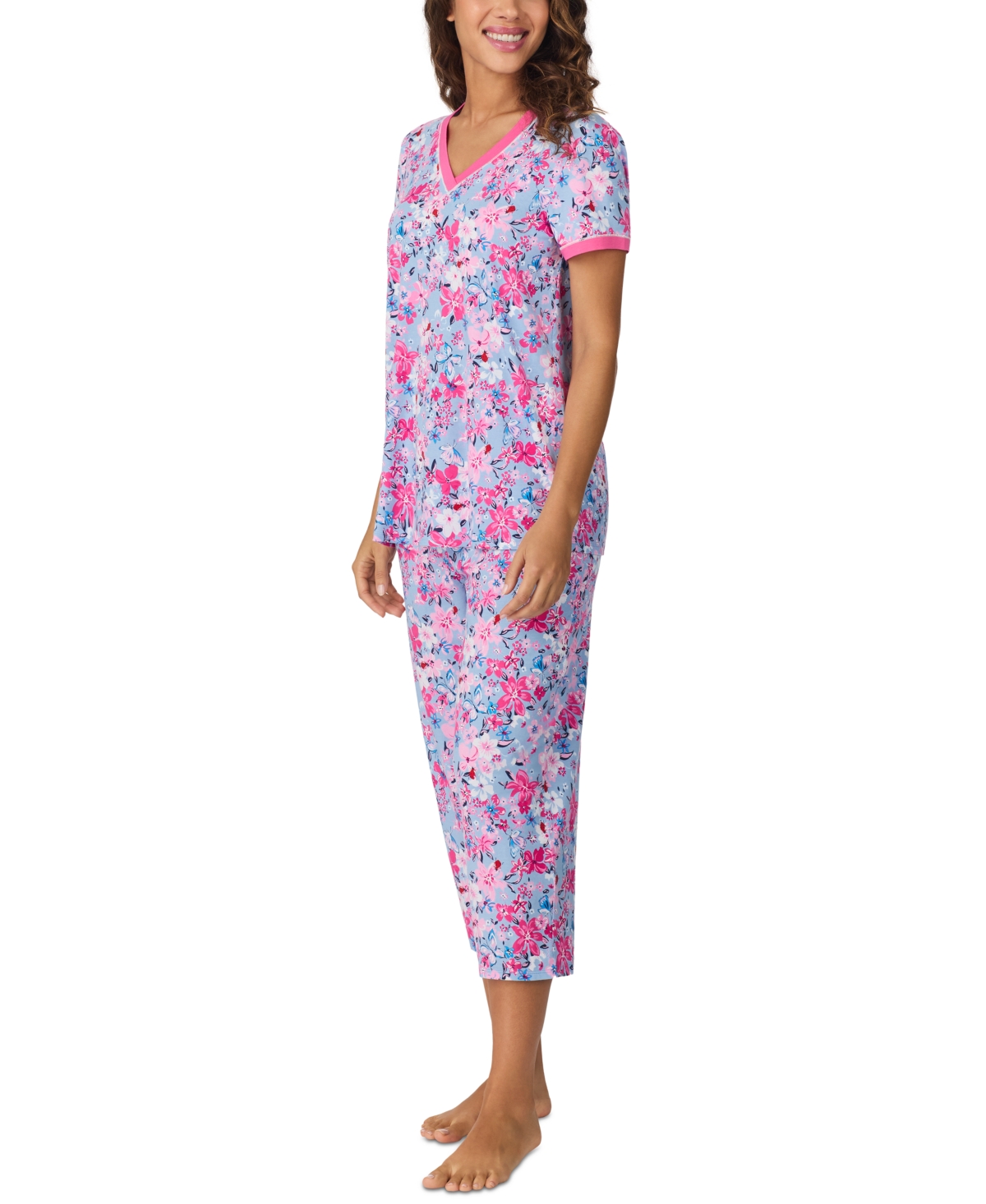 Shop Cuddl Duds Women's Cropped Short-sleeve Pajama Set In Blue Multi
