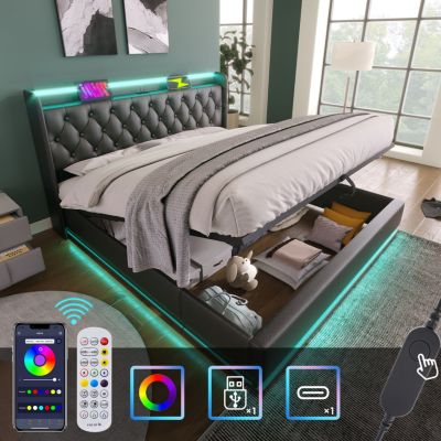 King Upholstered Bed with LED Lighting, Storage, and USB Charging Ports