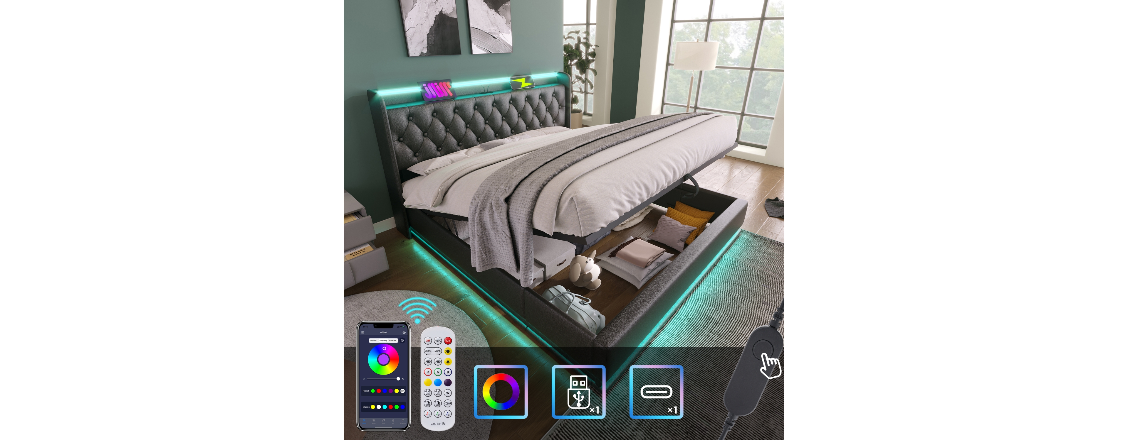 Streamdale Furniture King Upholstered Bed with Led Lighting, Storage, and Usb Charging Ports