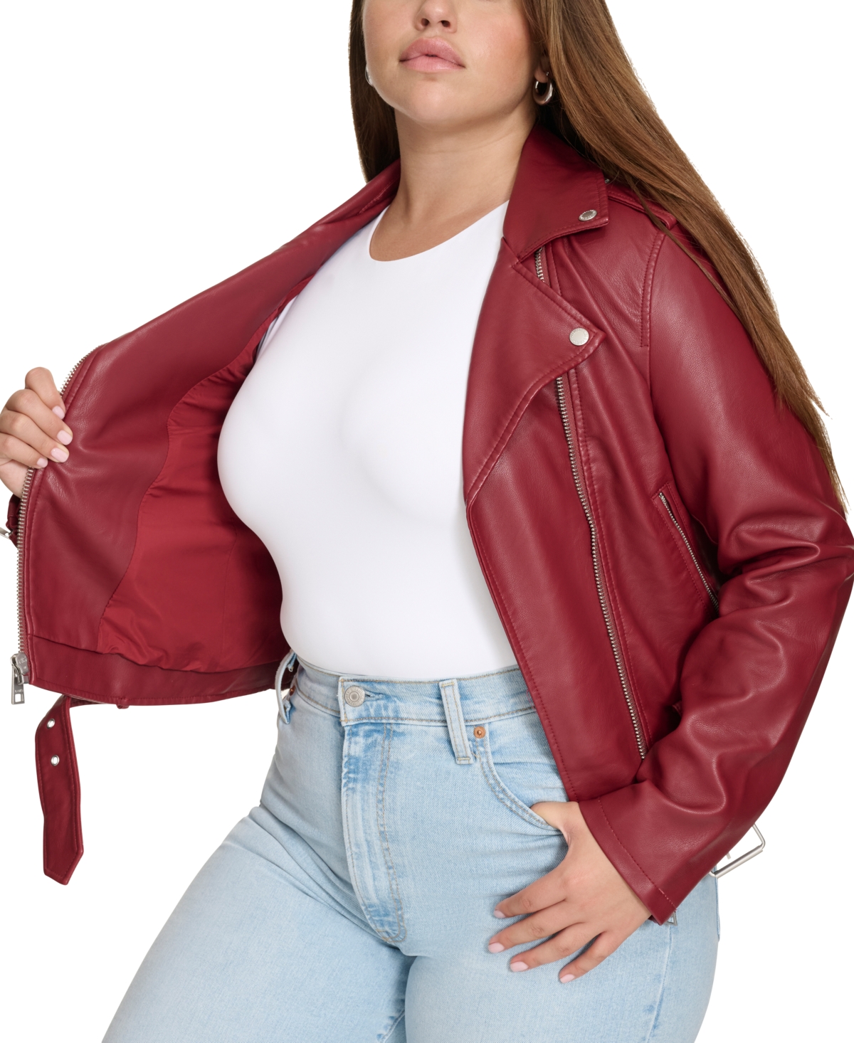 Levi's Plus Size Faux Leather Belted Motorcycle Jacket In Deep Red