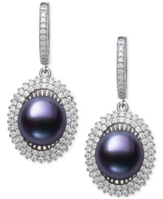 Peacock Black Cultured Freshwater Pearl (10mm) & Cubic Zirconia Halo Drop Earrings in Sterling Silver (Also in White Cultured Freshwater Pearl)