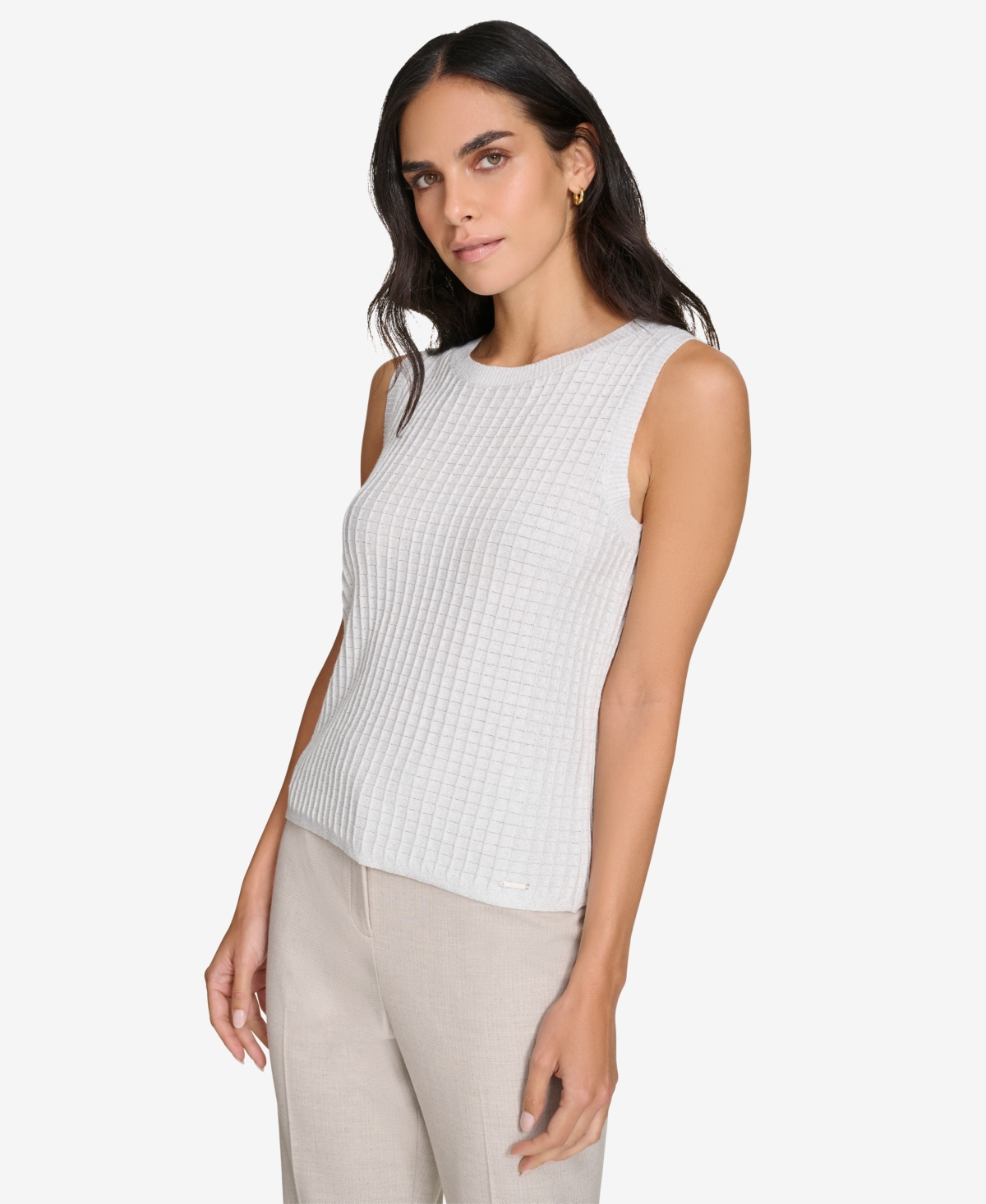 Calvin Klein Women's Crewneck Metallic Sleeveless Blouse -silver