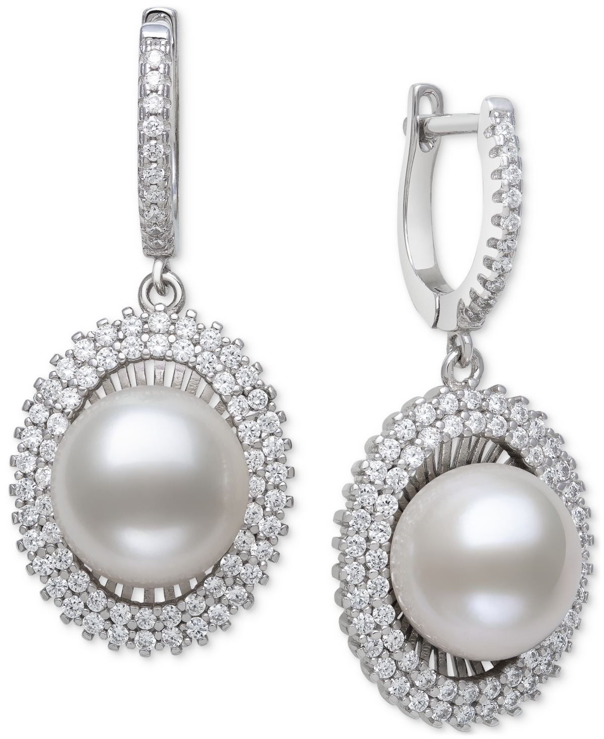 BELLE DE MER PEACOCK BLACK CULTURED FRESHWATER PEARL (10MM) & CUBIC ZIRCONIA HALO DROP EARRINGS IN STERLING SILVE 
