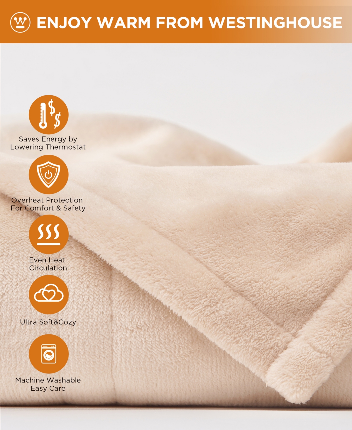 Westinghouse Heated Flannel Blanket, Queen In Beige