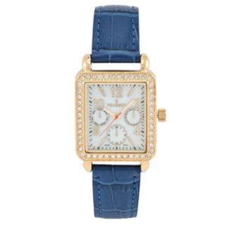 peugeot women's 14k gold plated tank leather dress watch Square with European Crystals and Blue Band gold sparkle mini dress
