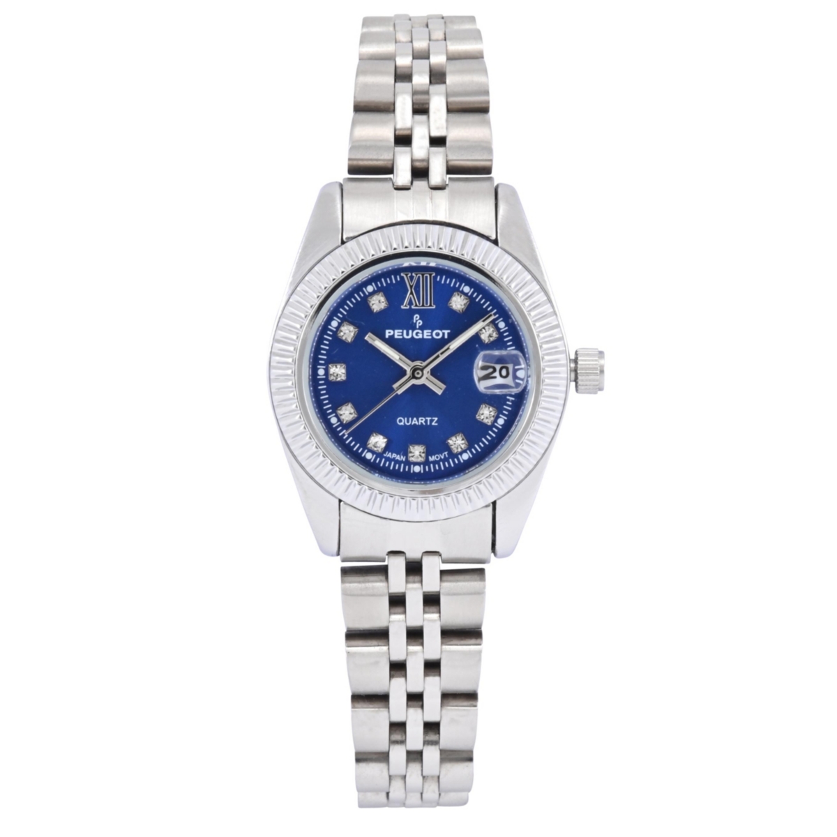 Women's Silver-Tone 25mm Fluted Bezel Steel Bracelet Watch with Blue Dial - Blue