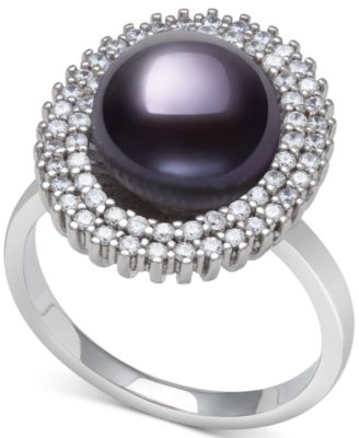 Belle de Mer - Peacock Black Cultured Freshwater Pearl (10mm) & Cubic Zirconia Halo Ring in Sterling Silver (Also in White Cultured Freshwater Pearl)