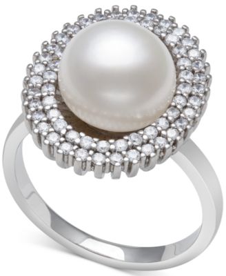 Belle de Mer Peacock Black Cultured Freshwater Pearl 10mm Cubic Zirconia Halo Ring in Sterling Silver Also in White Cultured Freshwater Pearl - 84$