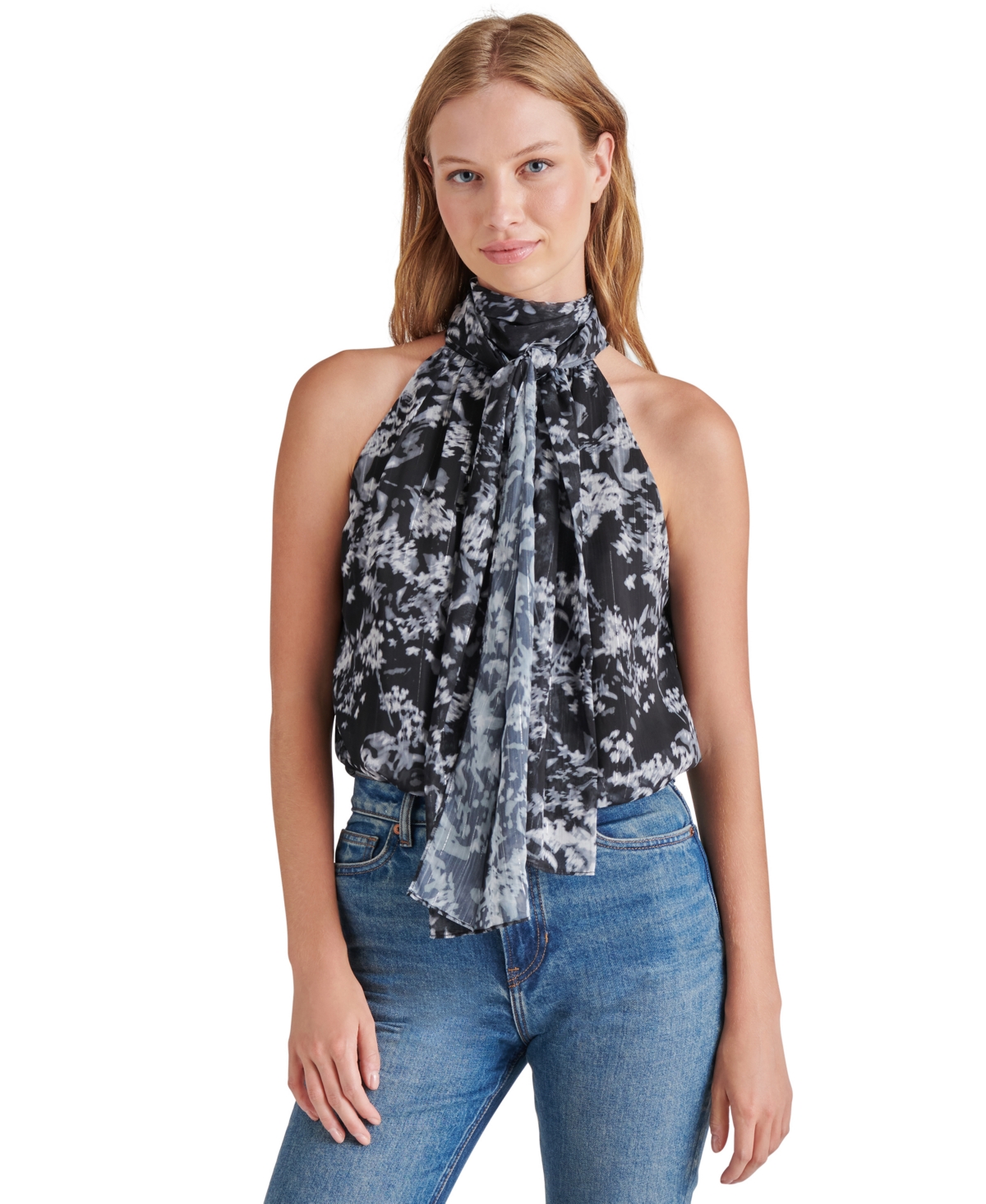 Steve Madden Women's Zandra Printed Tie-Neck Bodysuit -WHT