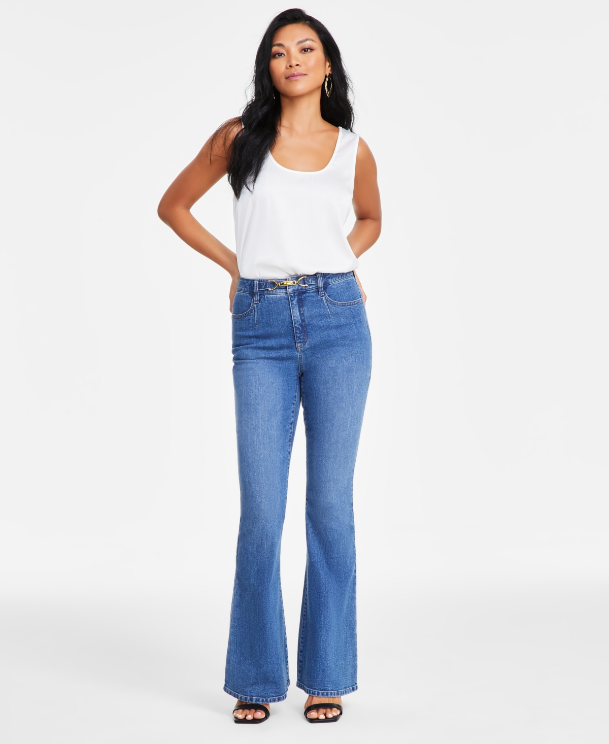 Inc International Concepts Women's Belted Flared-leg Jeans, Exclusively At Macy's In Medium Blu