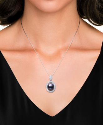 Peacock Black Cultured Freshwater Pearl (10mm) & Cubic Zirconia 18" Pendant Necklace in Sterling Silver (Also in White Cultured Freshwater Pearl)