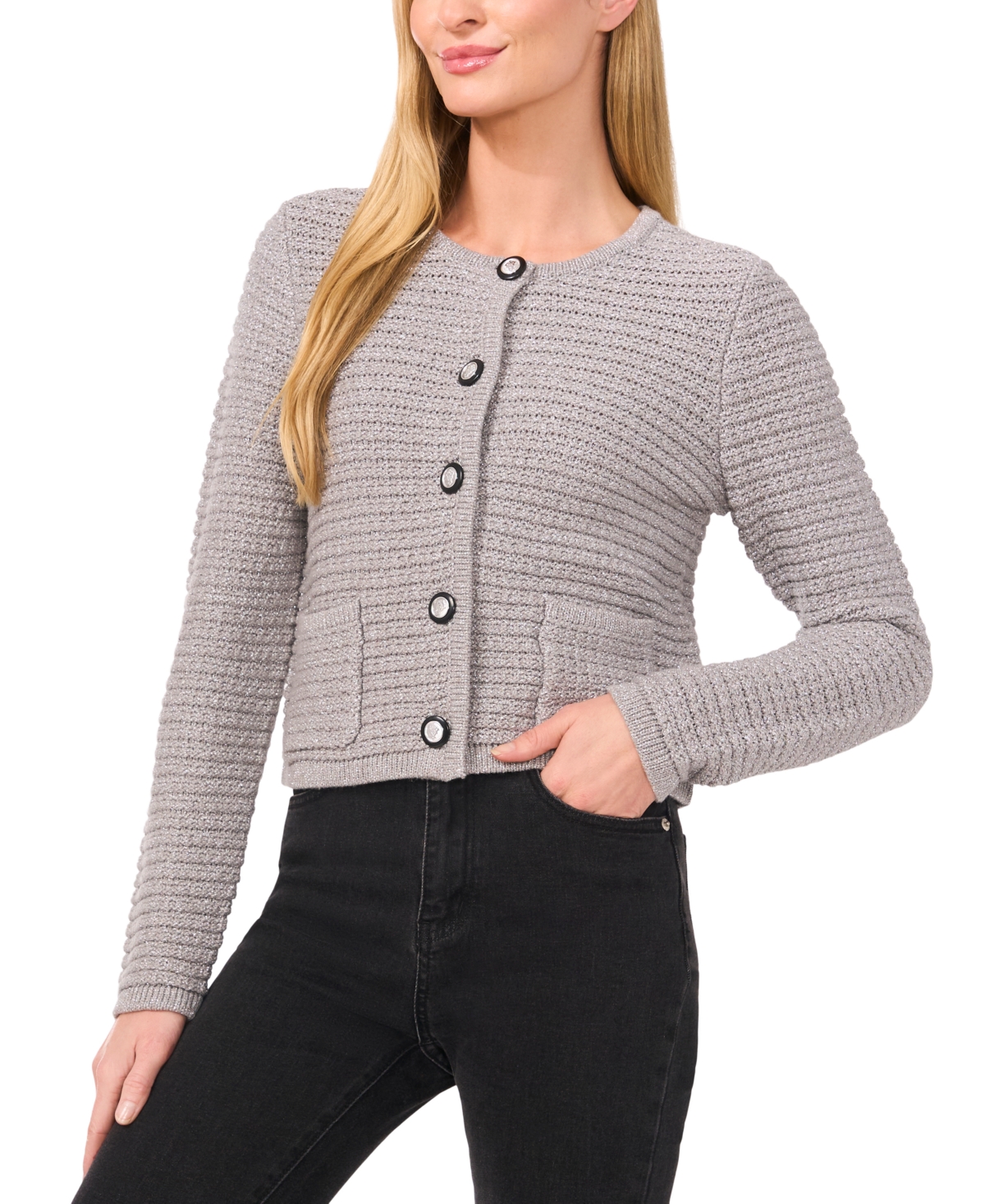 Women's Button-Front Textured Cardigan Sweater - Storm Grey