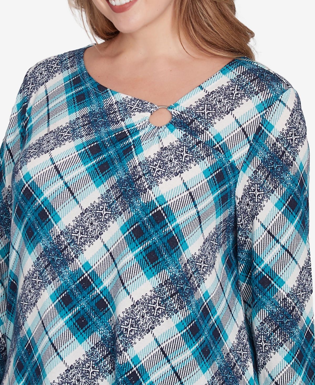 Ruby Rd. Plus Size Ring Neck Plaid Hatchi Knit Top In Navy Multi