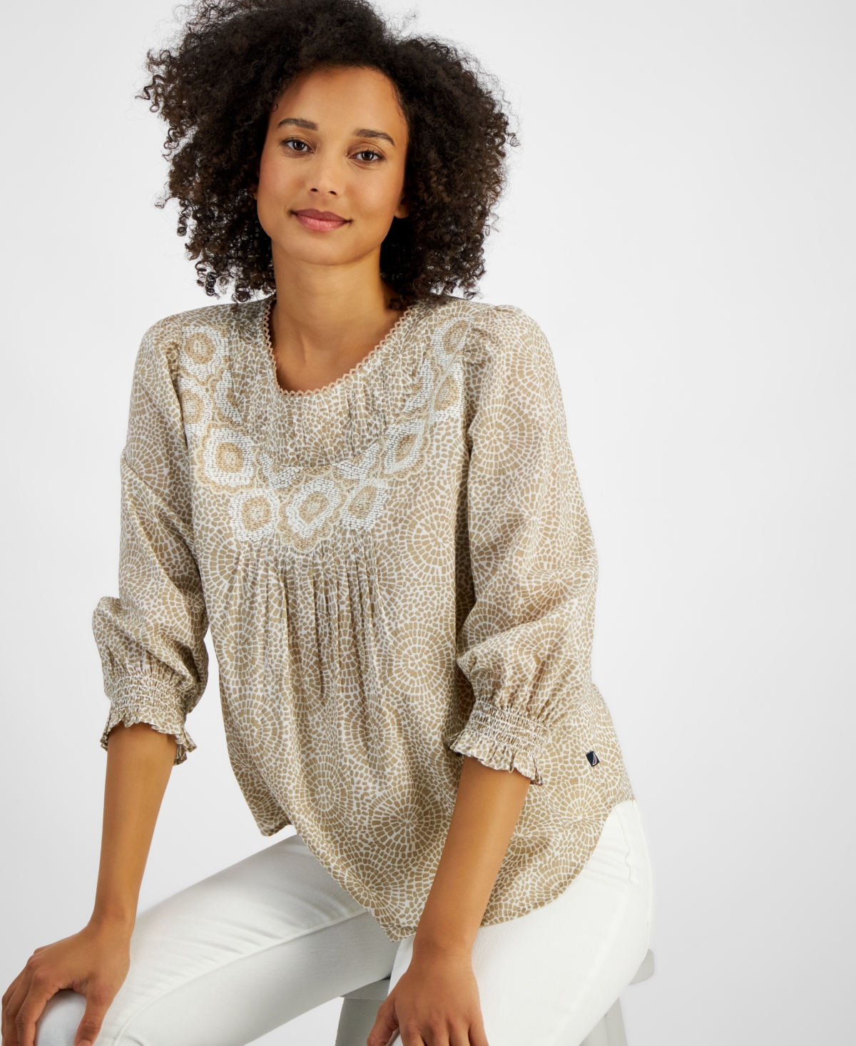 Nautica Jeans Women's Cotton Embroidered Smocked-Sleeve Shirt