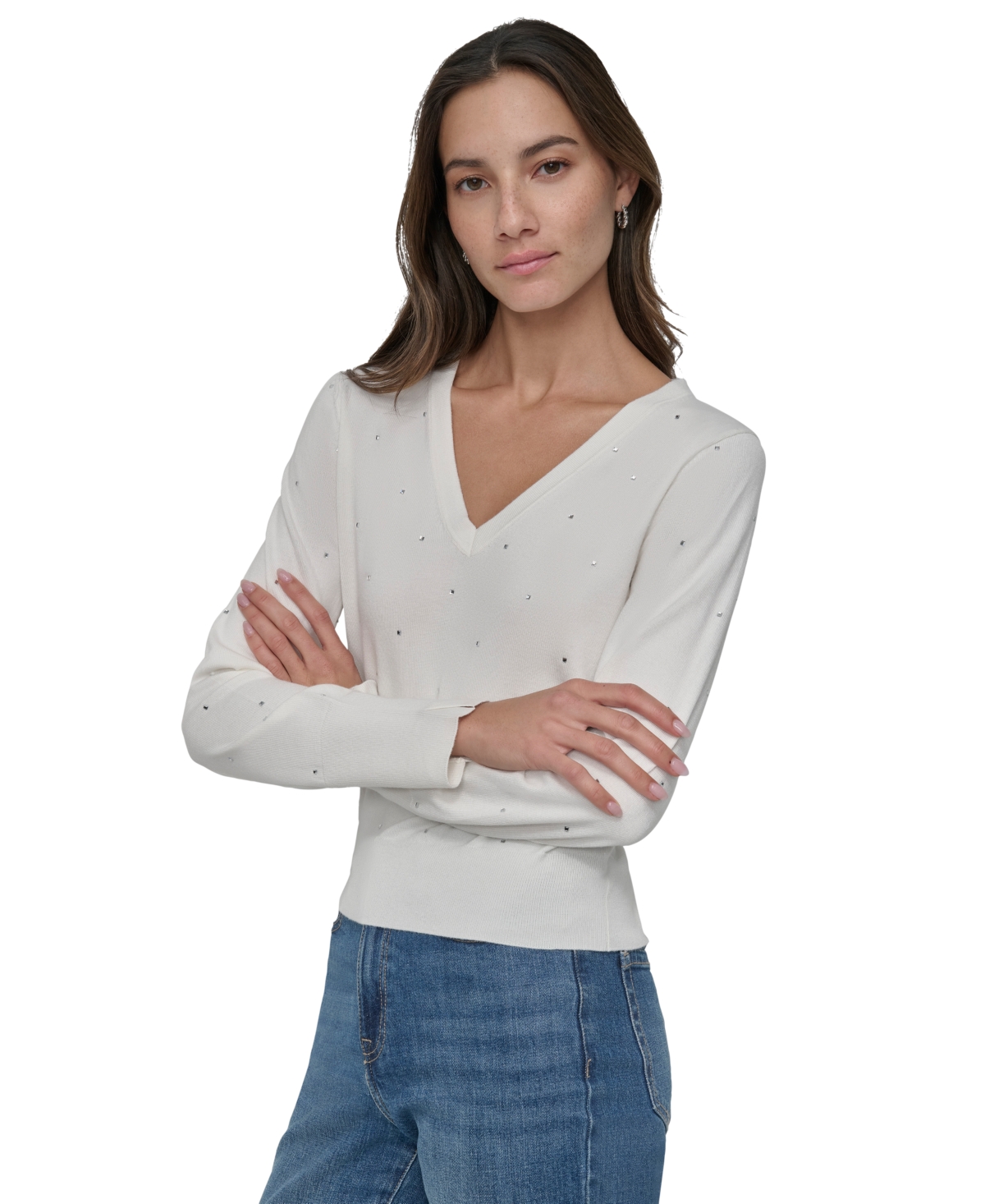DKNY JEANS WOMEN'S STUDDED V-NECK SWEATER 