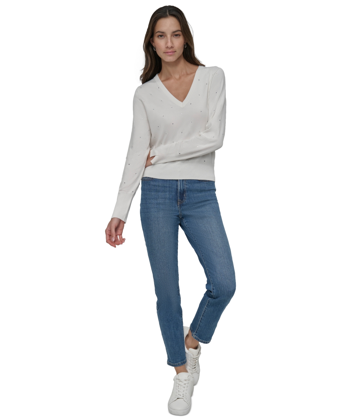 DKNY JEANS WOMEN'S STUDDED V-NECK SWEATER 