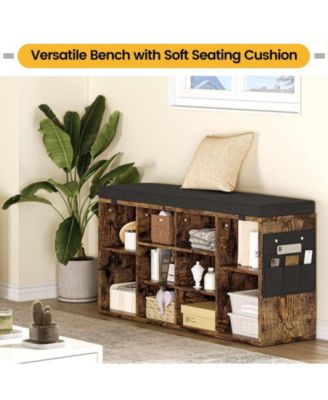 104" Wood & Metal Cushion Shoe Bench with Side Pocket, Adjustable Shelves & 10-Cubby Organizer Cabinet