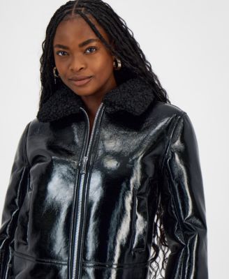 GUESS Women's Andrea Faux-Shearling-Trim Faux-Leather Jacket - Macy's