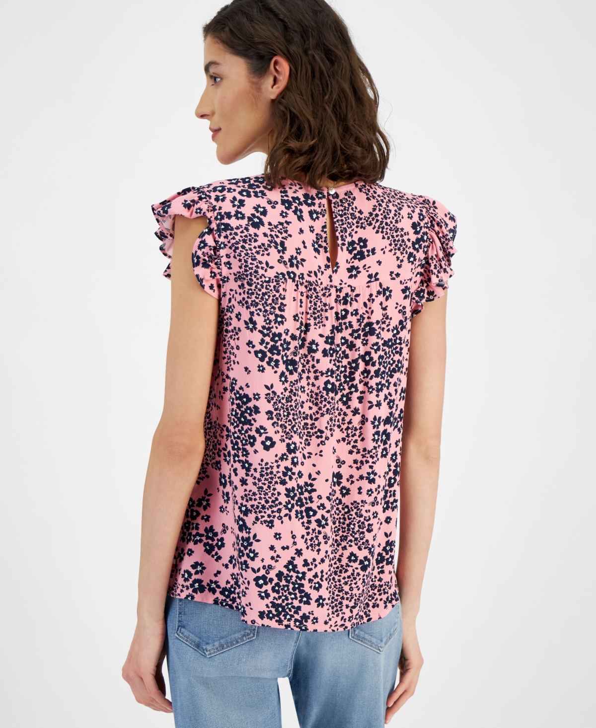 Tommy Hilfiger Women's Floral Pintuck Fluter-Sleeve Top
