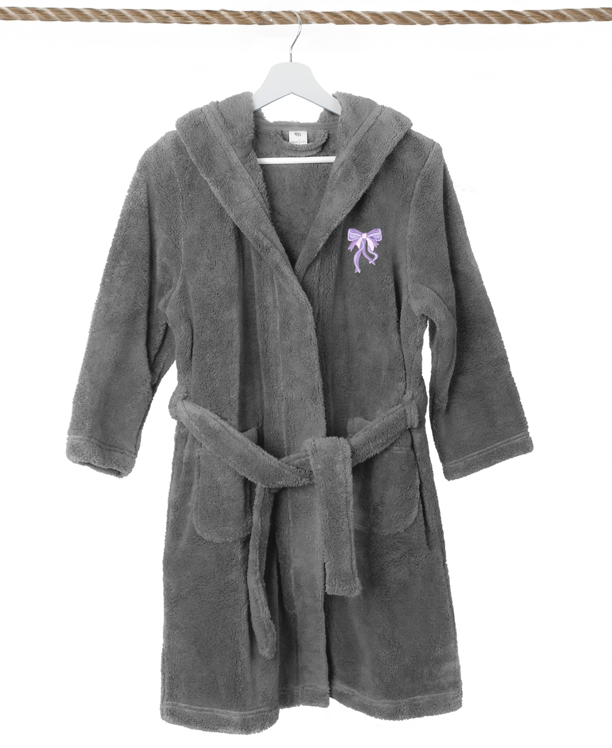 Linum Home Kids Bow Super Plush Double Brushed Hooded Bathrobe In Grey,purple