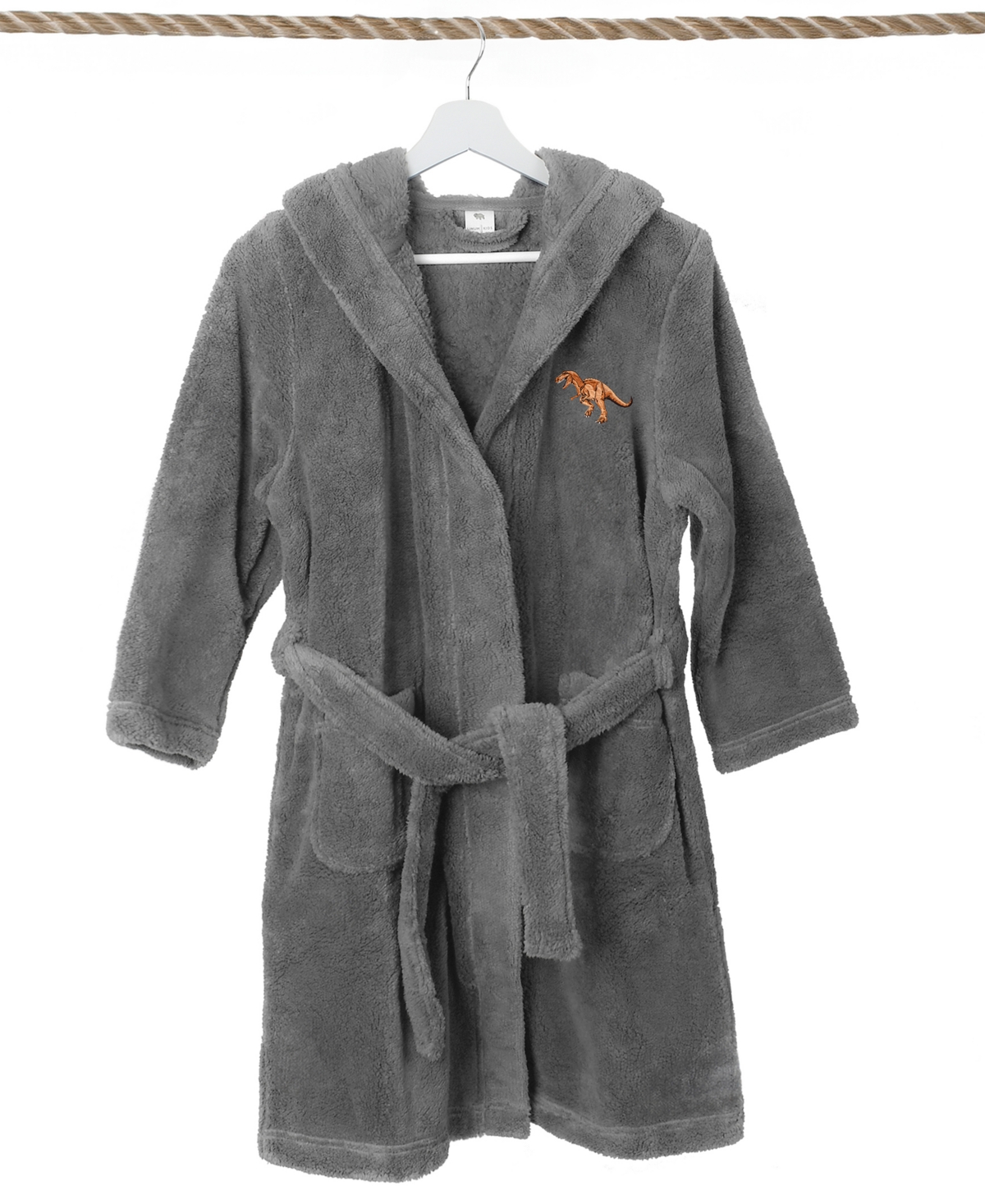 Linum Home Kids Dino Super Plush Double Brushed Hooded Bathrobe In Grey