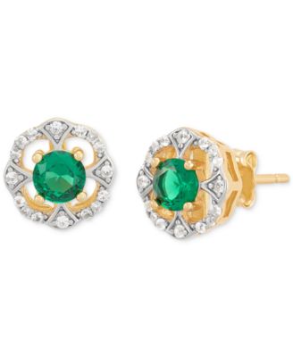 2-Pc. Set Lab Created Emerald (7/8 ct. t.w.) & Lab Created White Sapphire (1/3 ct. t.w.) Vintage Inspired Halo Pendant Necklace & Matching Stud Earrings in 14k Gold-Plated Sterling Silver