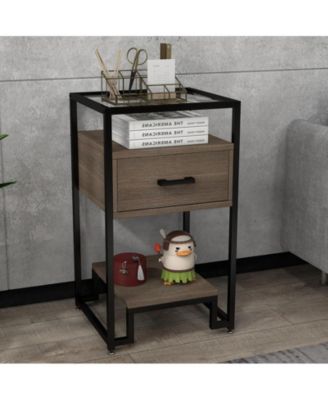 Nightstand, End Table with Storage Drawer and 3-Tier Storage & Tempered Glass Top, Bedside Furniture with Steel Frame, Side Table for Bedroom